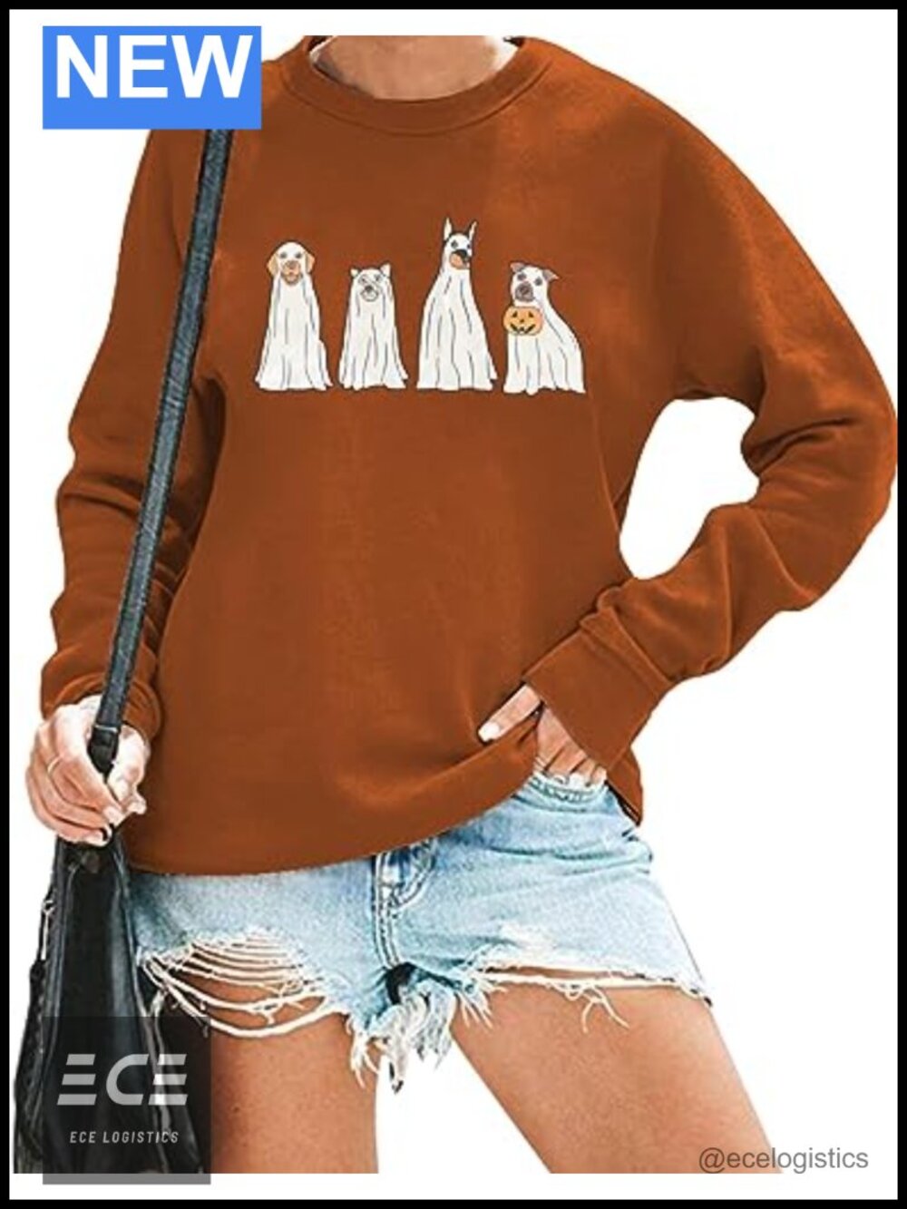 Ghost Dog Graphic Sweatshirt Women Funny Halloween Long Sleeve Crew Neck